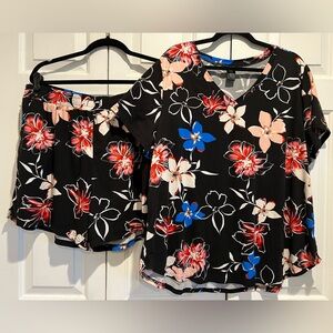 2 Pc PJ Set🌺 Black Floral V-Neck, Short Sleeve Top & Shorts w POCKETS